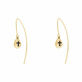 9ct Yellow Gold Whitby Jet Cross Disc Drop Earrings
