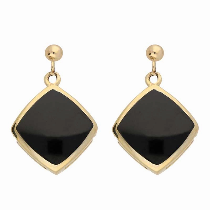 9ct Yellow Gold Whitby Jet Cushion Drop Earrings