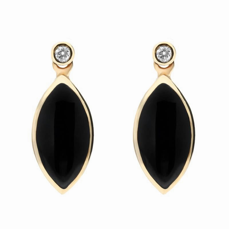 9ct Yellow Gold Whitby Jet Diamond Marquise Shaped Drop Earrings
