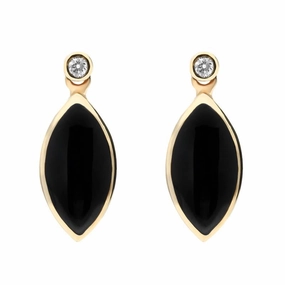 9ct Yellow Gold Whitby Jet Diamond Marquise Shaped Drop Earrings