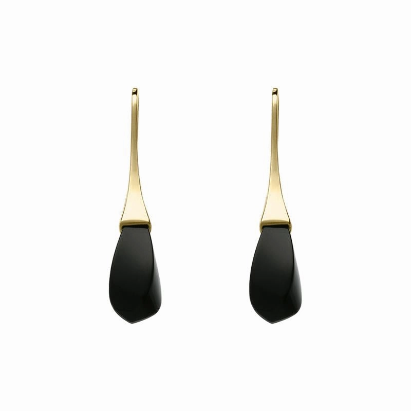 9ct Yellow Gold Whitby Jet Drop Hook Earrings D