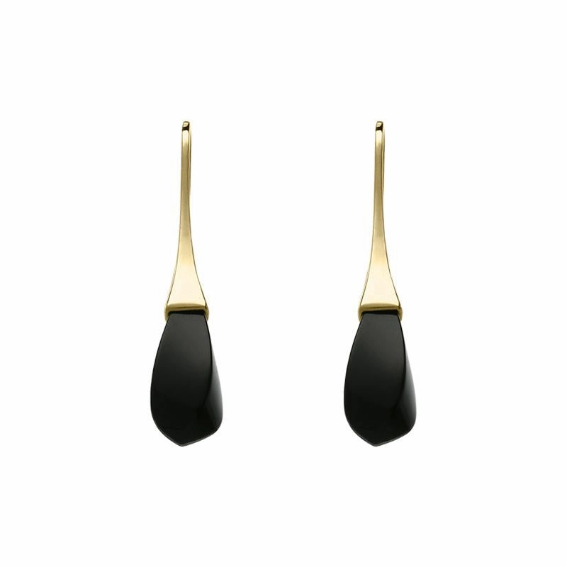 9ct Yellow Gold Whitby Jet Drop Hook Earrings D