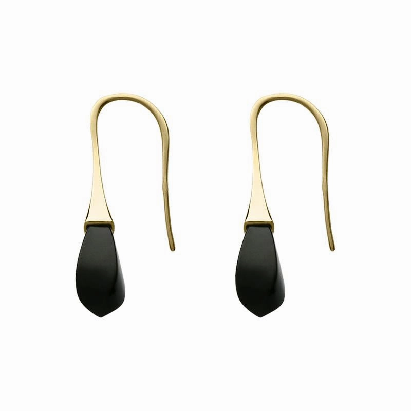 9ct Yellow Gold Whitby Jet Drop Hook Earrings D