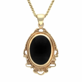 9ct Yellow Gold Whitby Jet Edwardian Oval Drop Necklace