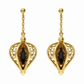 9ct Yellow Gold Whitby Jet Flore Filigree Drop Earrings