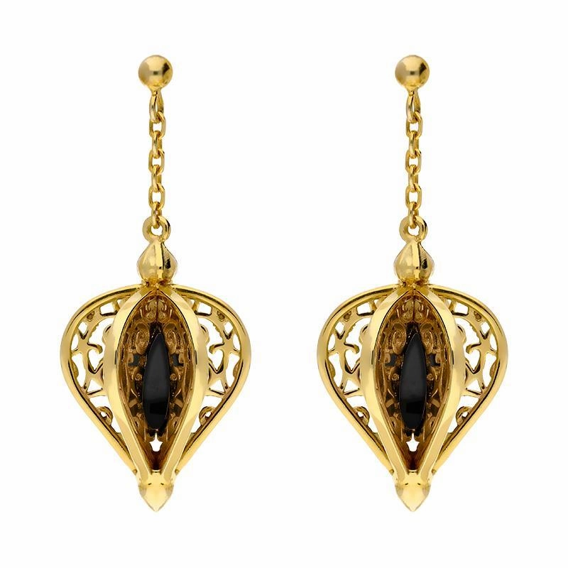 9ct Yellow Gold Whitby Jet Flore Filigree Drop Earrings