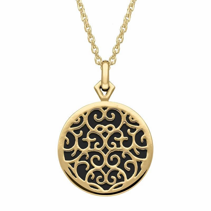 9ct Yellow Gold Whitby Jet Flore Filigree Necklace