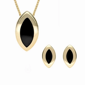 9ct Yellow Gold Whitby Jet Framed Marquise Two Piece Set