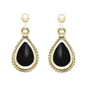 9ct Yellow Gold Whitby Jet Gold Pear Shaped Drop Earrings