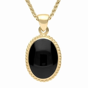 9ct Yellow Gold Whitby Jet Heritage Rope Edge Medium Oval Pendant