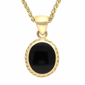 9ct Yellow Gold Whitby Jet Heritage Rope Edge Oval Pendant