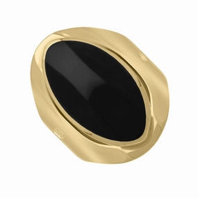 9ct Yellow Gold Whitby Jet King's Coronation Hallmark Medium Oval Ring D