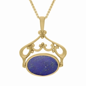 9ct Yellow Gold Whitby Jet Lapis Lazuli Double Sided Oval Swivel Fob Necklace