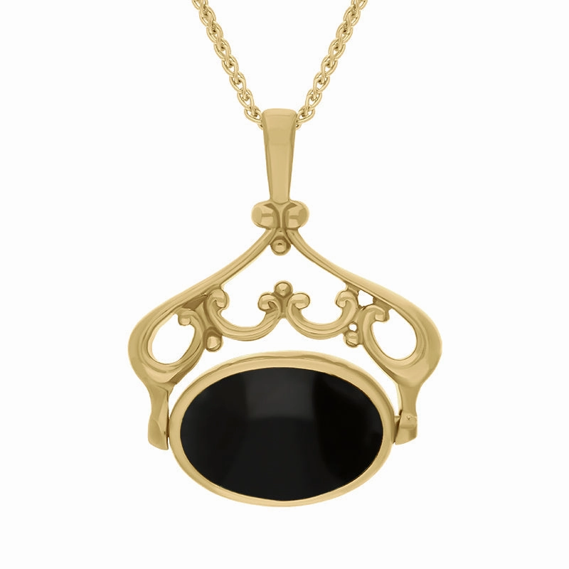 9ct Yellow Gold Whitby Jet Lapis Lazuli Double Sided Oval Swivel Fob Necklace