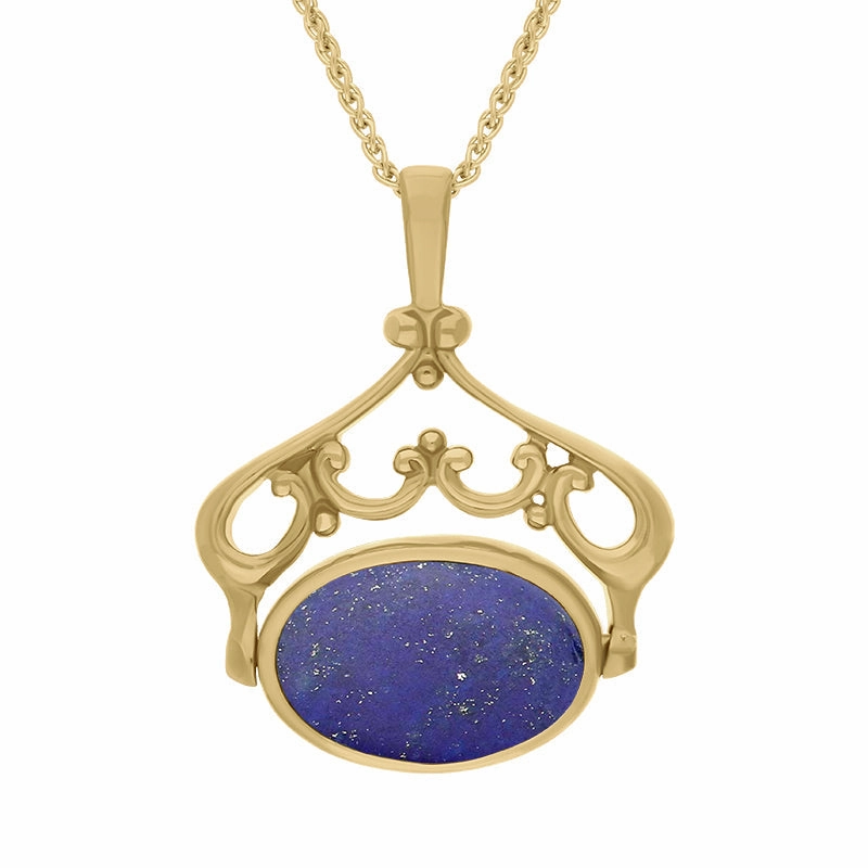 9ct Yellow Gold Whitby Jet Lapis Lazuli Double Sided Oval Swivel Fob Necklace