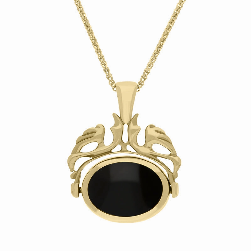 9ct Yellow Gold Whitby Jet Lapis Lazuli Double Sided Oval Swivel Fob Necklace