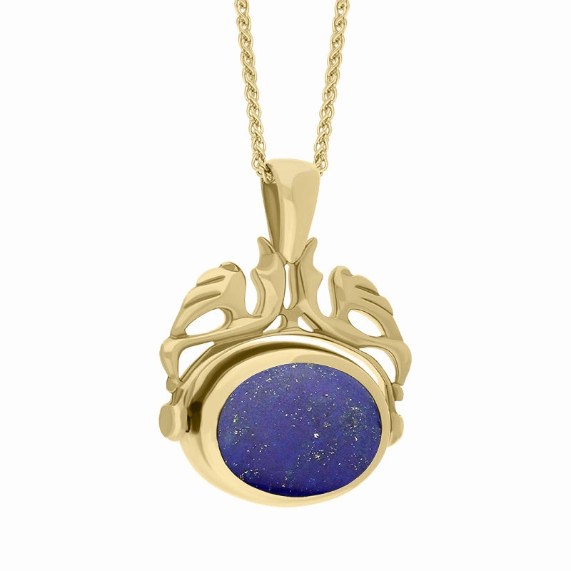 9ct Yellow Gold Whitby Jet Lapis Lazuli Double Sided Oval Swivel Fob Necklace
