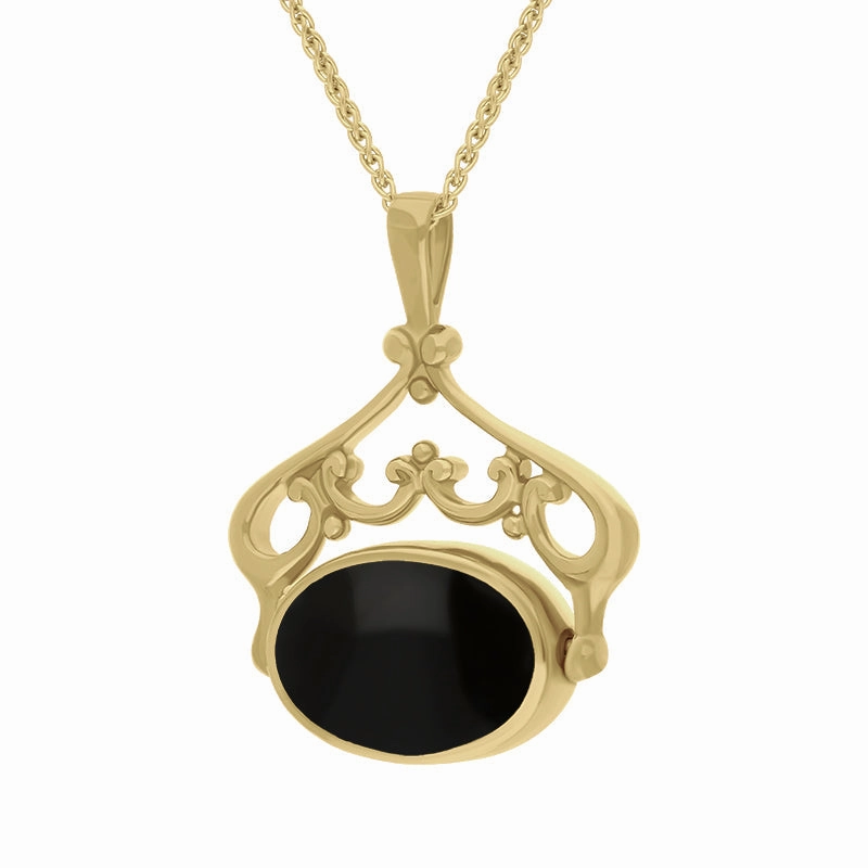 9ct Yellow Gold Whitby Jet Lapis Lazuli Double Sided Oval Swivel Fob Necklace