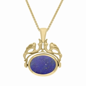 9ct Yellow Gold Whitby Jet Lapis Lazuli Double Sided Oval Swivel Fob Necklace
