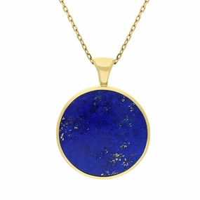9ct Yellow Gold Whitby Jet Lapis Lazuli Large Double Sided Round Fob Necklace