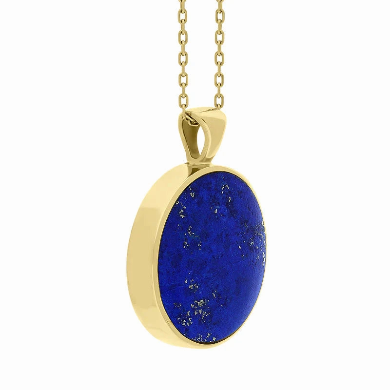 9ct Yellow Gold Whitby Jet Lapis Lazuli Large Double Sided Round Fob Necklace