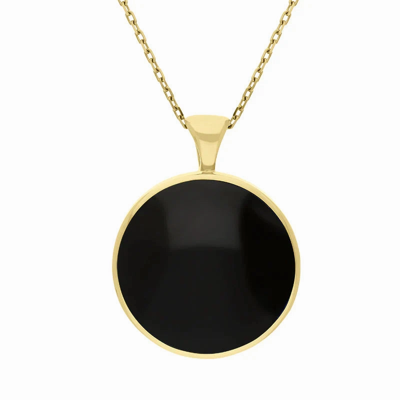 9ct Yellow Gold Whitby Jet Lapis Lazuli Large Double Sided Round Fob Necklace