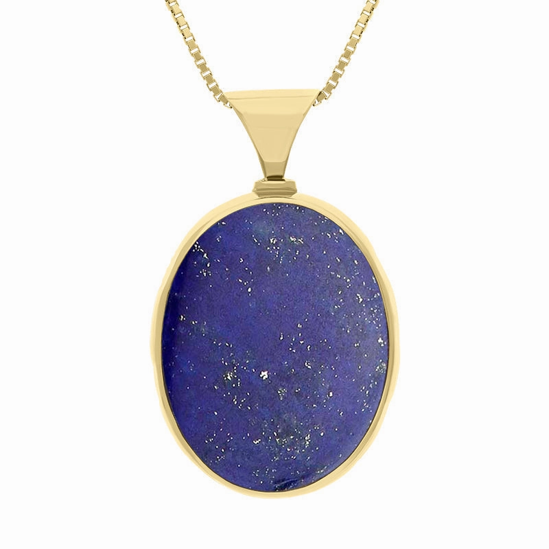 9ct Yellow Gold Whitby Jet Lapis Lazuli Queens Jubilee Hallmark Double Sided Oval Necklace D