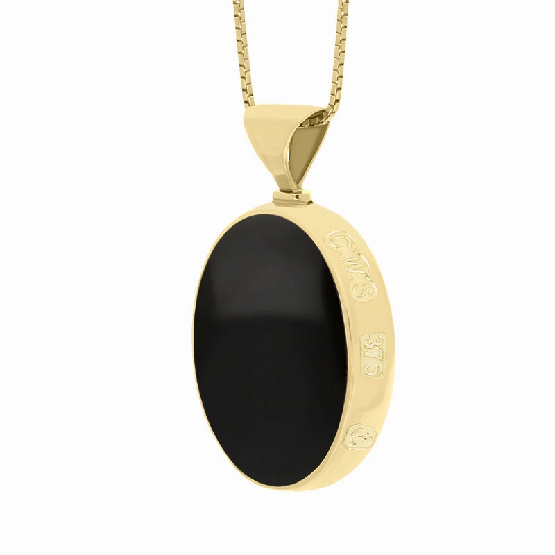 9ct Yellow Gold Whitby Jet Lapis Lazuli Queens Jubilee Hallmark Double Sided Oval Necklace D