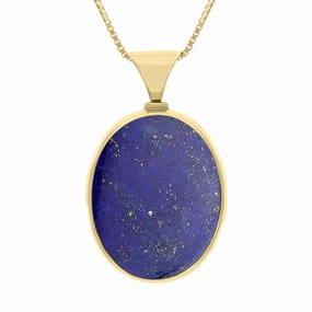 9ct Yellow Gold Whitby Jet Lapis Lazuli Queens Jubilee Hallmark Double Sided Oval Necklace D