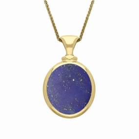 9ct Yellow Gold Whitby Jet Lapis Lazuli Small Double Sided Oval Fob Necklace