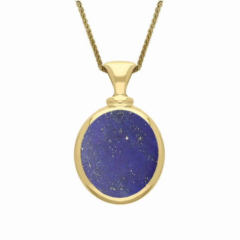 9ct Yellow Gold Whitby Jet Lapis Lazuli Small Double Sided Oval Fob Necklace