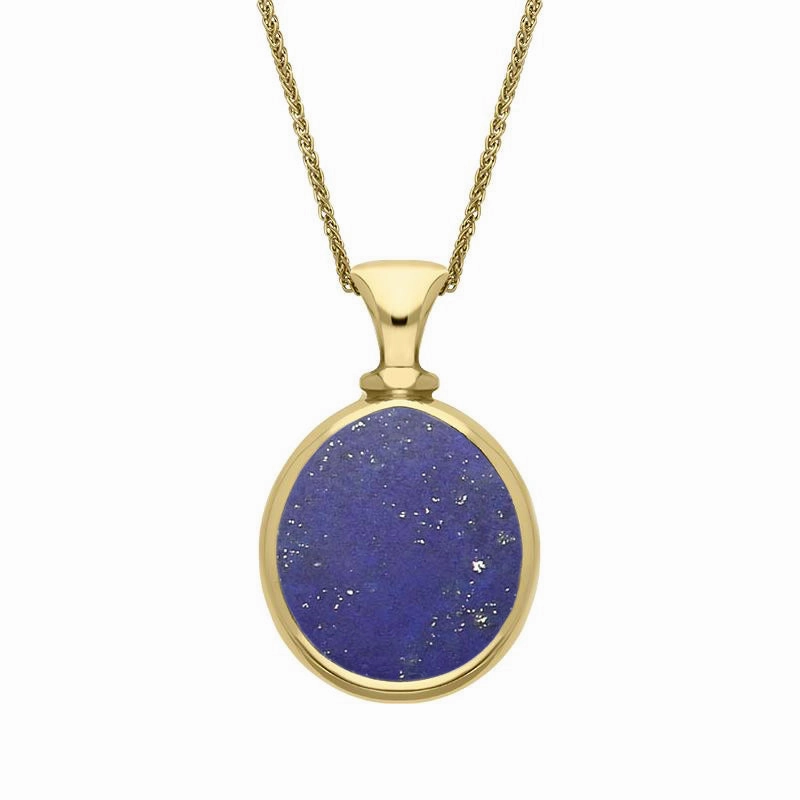 9ct Yellow Gold Whitby Jet Lapis Lazuli Small Double Sided Pear Fob Necklace