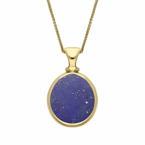 9ct Yellow Gold Whitby Jet Lapis Lazuli Small Double Sided Pear Fob Necklace