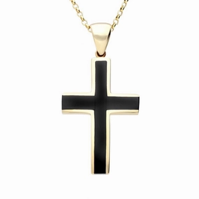 9ct Yellow Gold Whitby Jet Large Channel Cross Necklace D