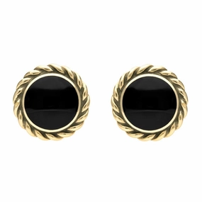 9ct Yellow Gold Whitby Jet Large Rope Edge Round Stud Earrings