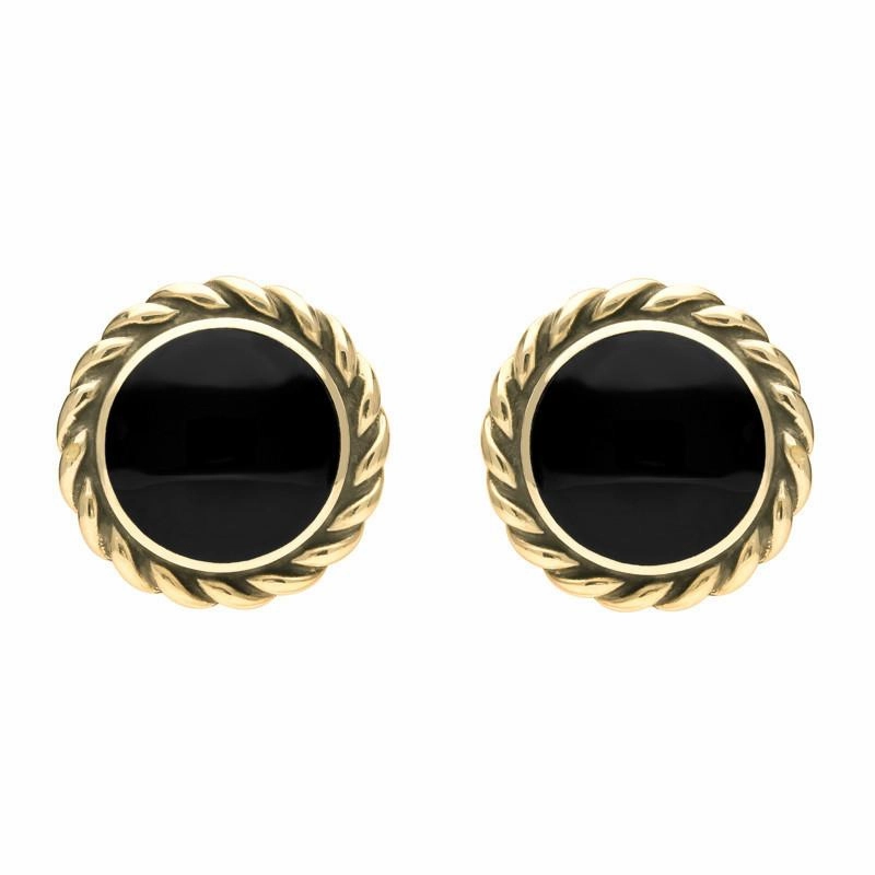 9ct Yellow Gold Whitby Jet Large Rope Edge Round Stud Earrings