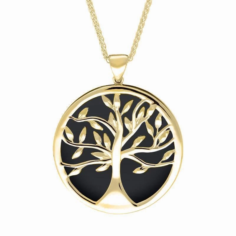 9ct Yellow Gold Whitby Jet Large Round Tree of Life Two Piece Set