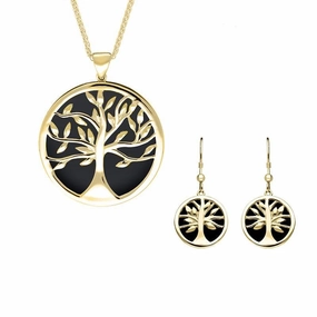 9ct Yellow Gold Whitby Jet Large Round Tree of Life Two Piece Set