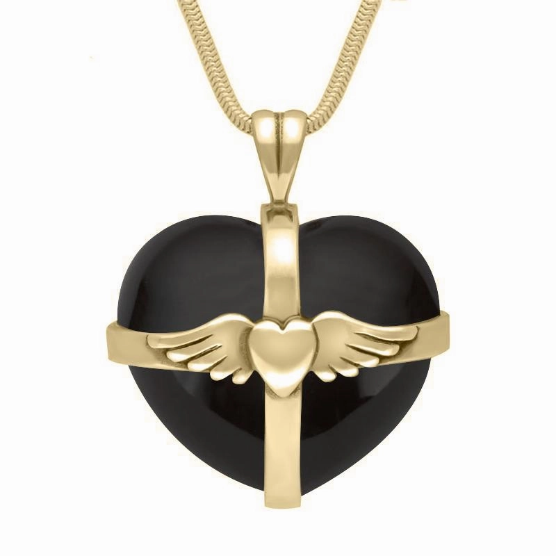 9ct Yellow Gold Whitby Jet Large Winged Cross Heart Necklace