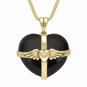 9ct Yellow Gold Whitby Jet Large Winged Cross Heart Necklace