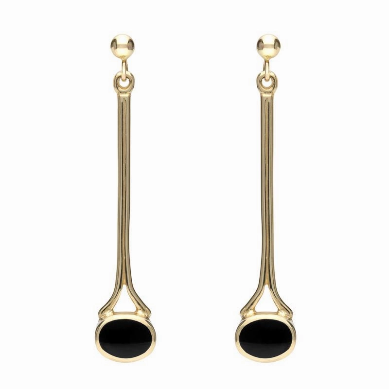 9ct Yellow Gold Whitby Jet Long Drop Earrings