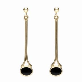 9ct Yellow Gold Whitby Jet Long Drop Earrings