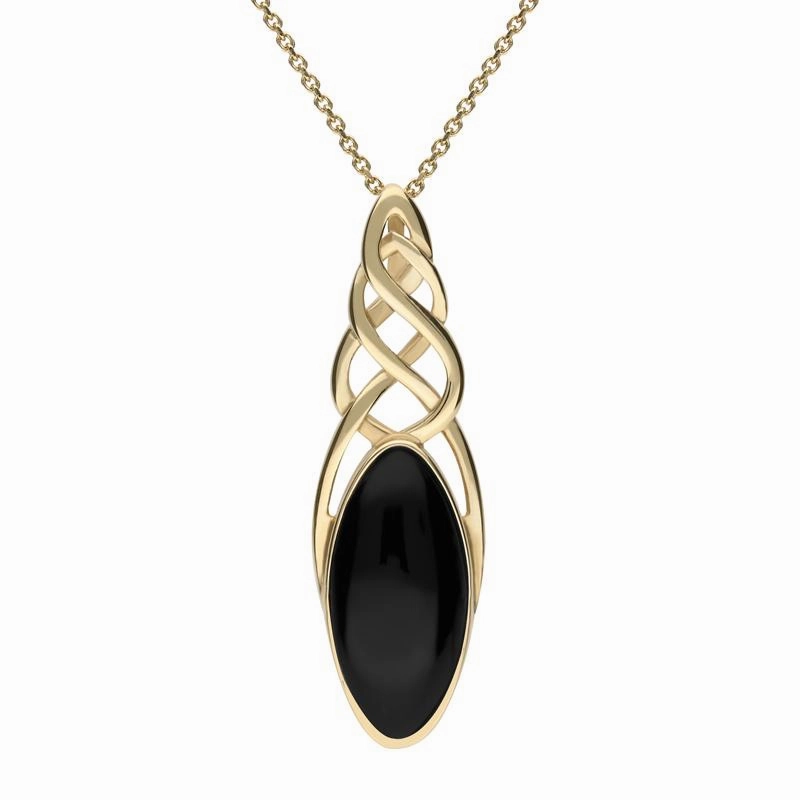 9ct Yellow Gold Whitby Jet Long Marquise Celtic Necklace