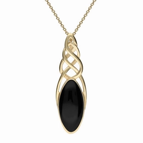 9ct Yellow Gold Whitby Jet Long Marquise Celtic Necklace