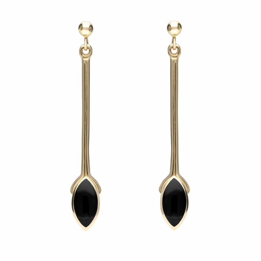 9ct Yellow Gold Whitby Jet Long Marquise Drop Earrings