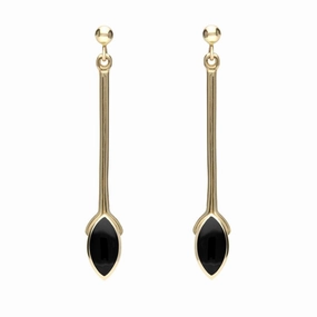 9ct Yellow Gold Whitby Jet Long Marquise Drop Earrings
