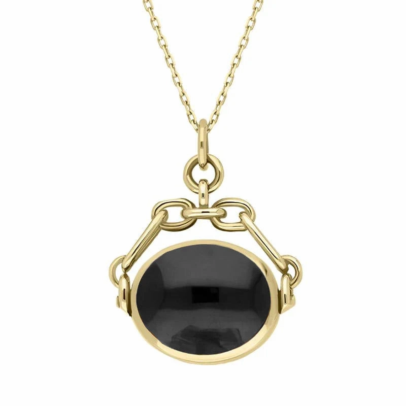 9ct Yellow Gold Whitby Jet Malachite Double Sided Swivel Fob Necklace