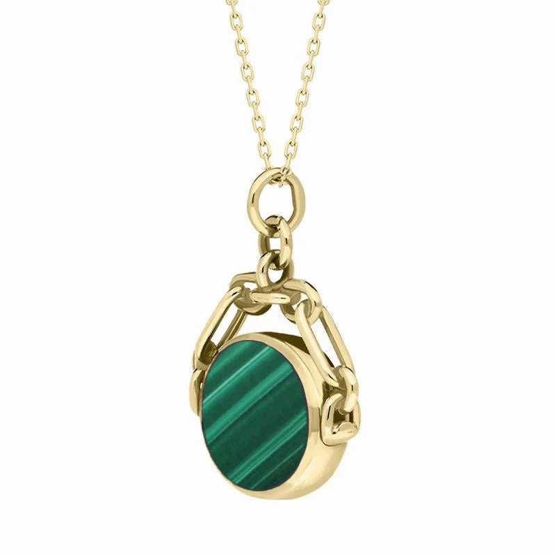 9ct Yellow Gold Whitby Jet Malachite Double Sided Swivel Fob Necklace