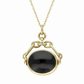 9ct Yellow Gold Whitby Jet Malachite Double Sided Swivel Fob Necklace