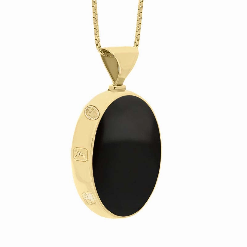 9ct Yellow Gold Whitby Jet Malachite King's Coronation Hallmark Double Sided Oval Necklace D